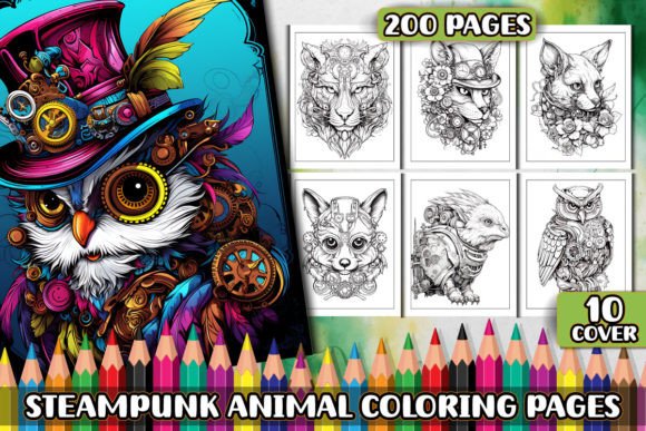 200 Steampunk Animal Coloring Pages KDP