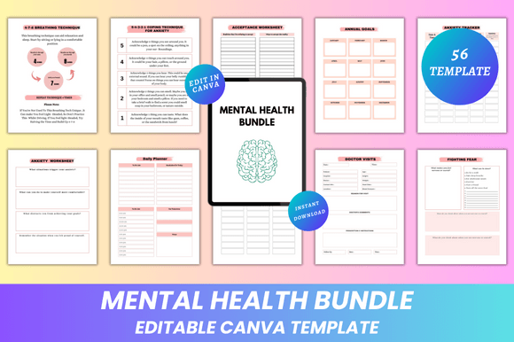 Mental Health Bundle Canva KDP Interior: Your Fully Customizable Toolkit for Real-Life Well-Being